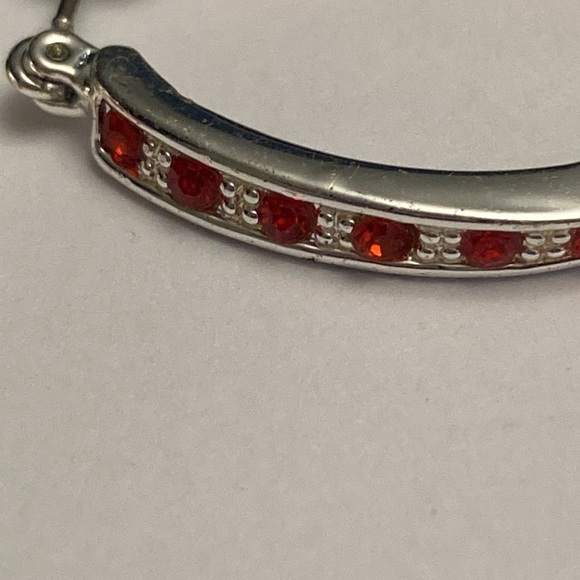 Silver Tone Hoop Earrings with Red Accents - Picture 4 of 15